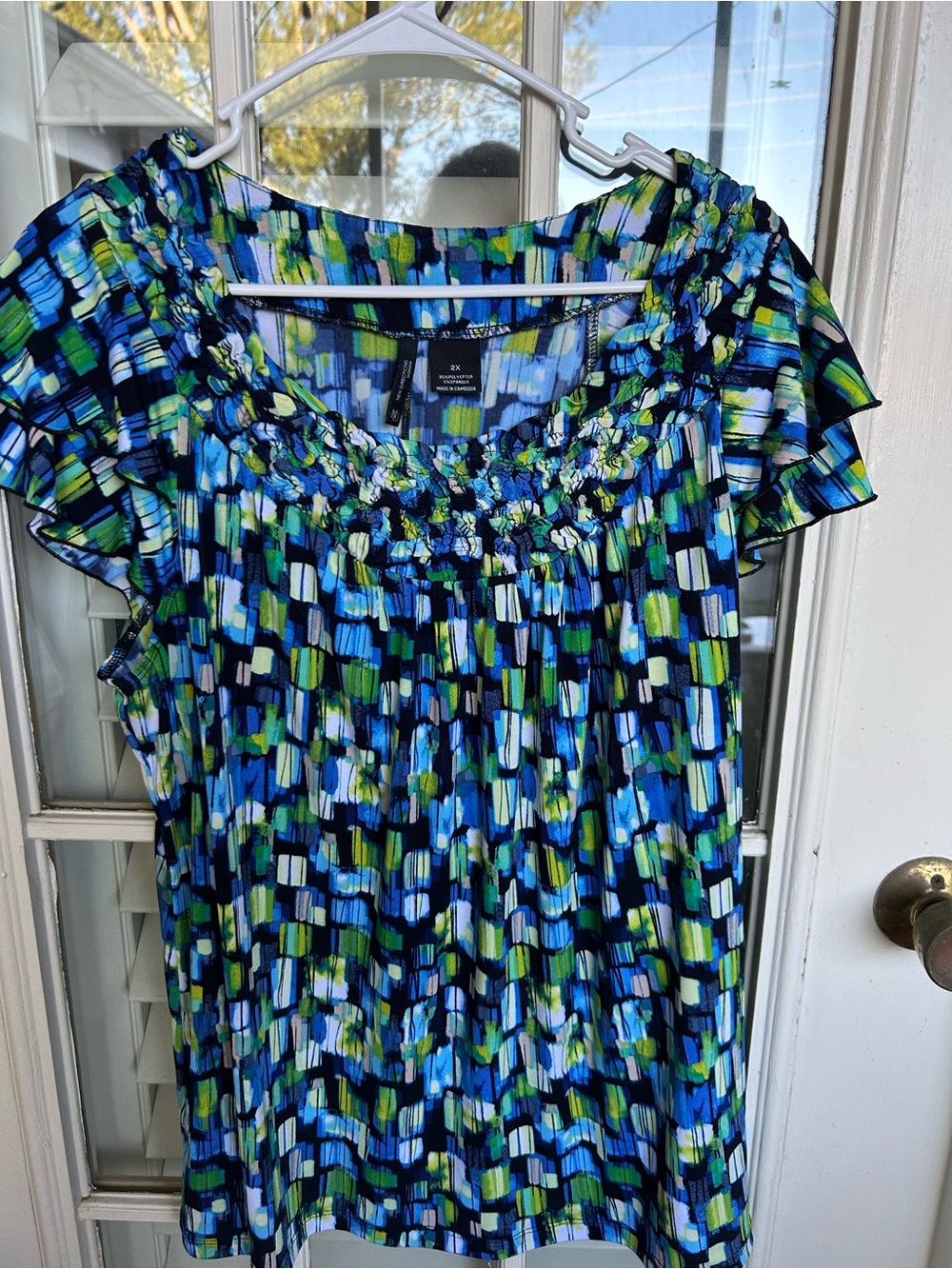 new directions Blue & Green Abstract Smocked Neck Blouse